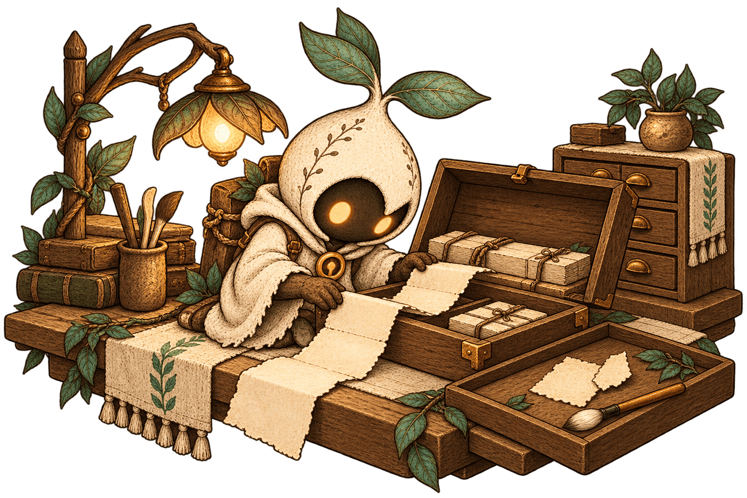 A fictional Keeper examining torn paper beside an open chest of bundled records.