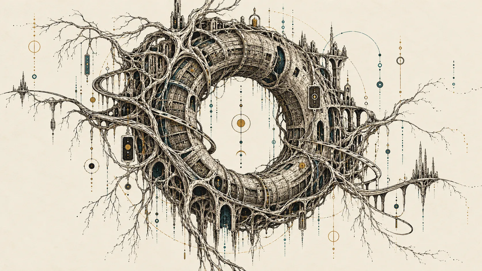 An imagined archive: a circular structure of tree roots, shelves, fine machinery, and hanging instruments, engraved in ink, gold, and teal on warm paper.