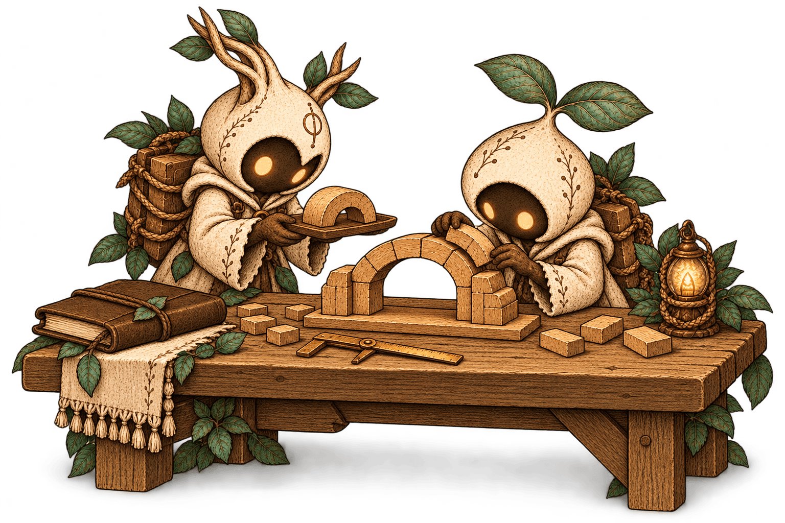 Two fictional Keepers fitting wooden blocks into an arch beside a small model.