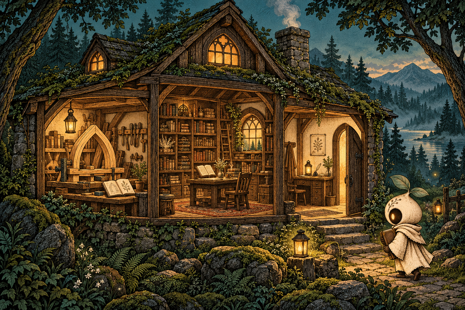 An imagined stone house at dusk, with a warm light in the window.