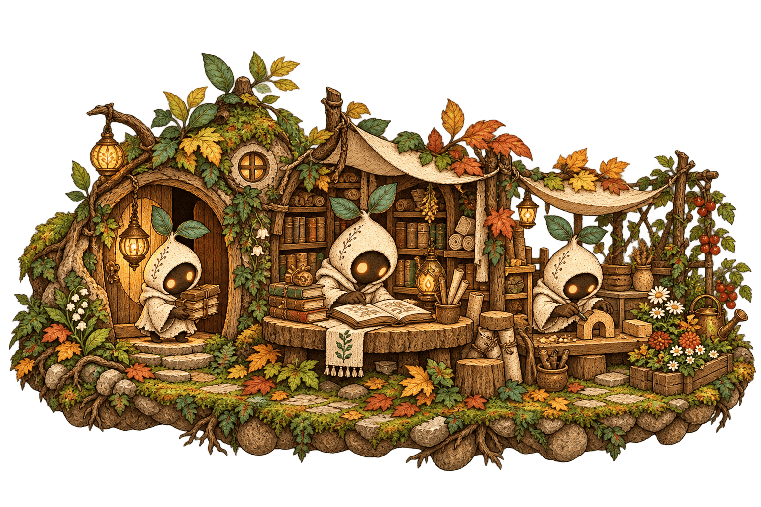 Three fictional Keepers carrying books, reading and working outside a house amid autumn leaves.