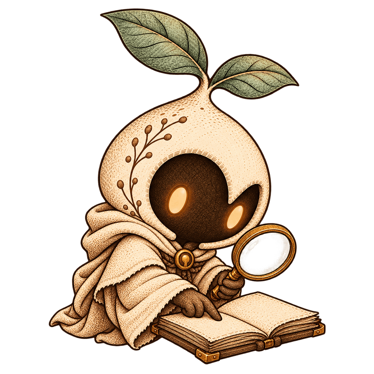 The fictional sprout-hooded Keeper checking a record.