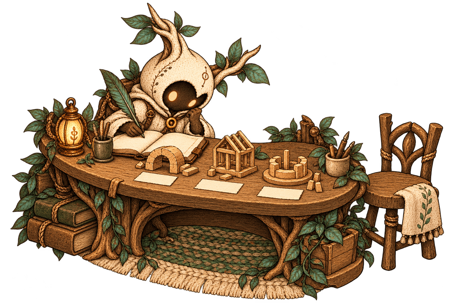 A fictional Keeper tending unfinished work at a desk.