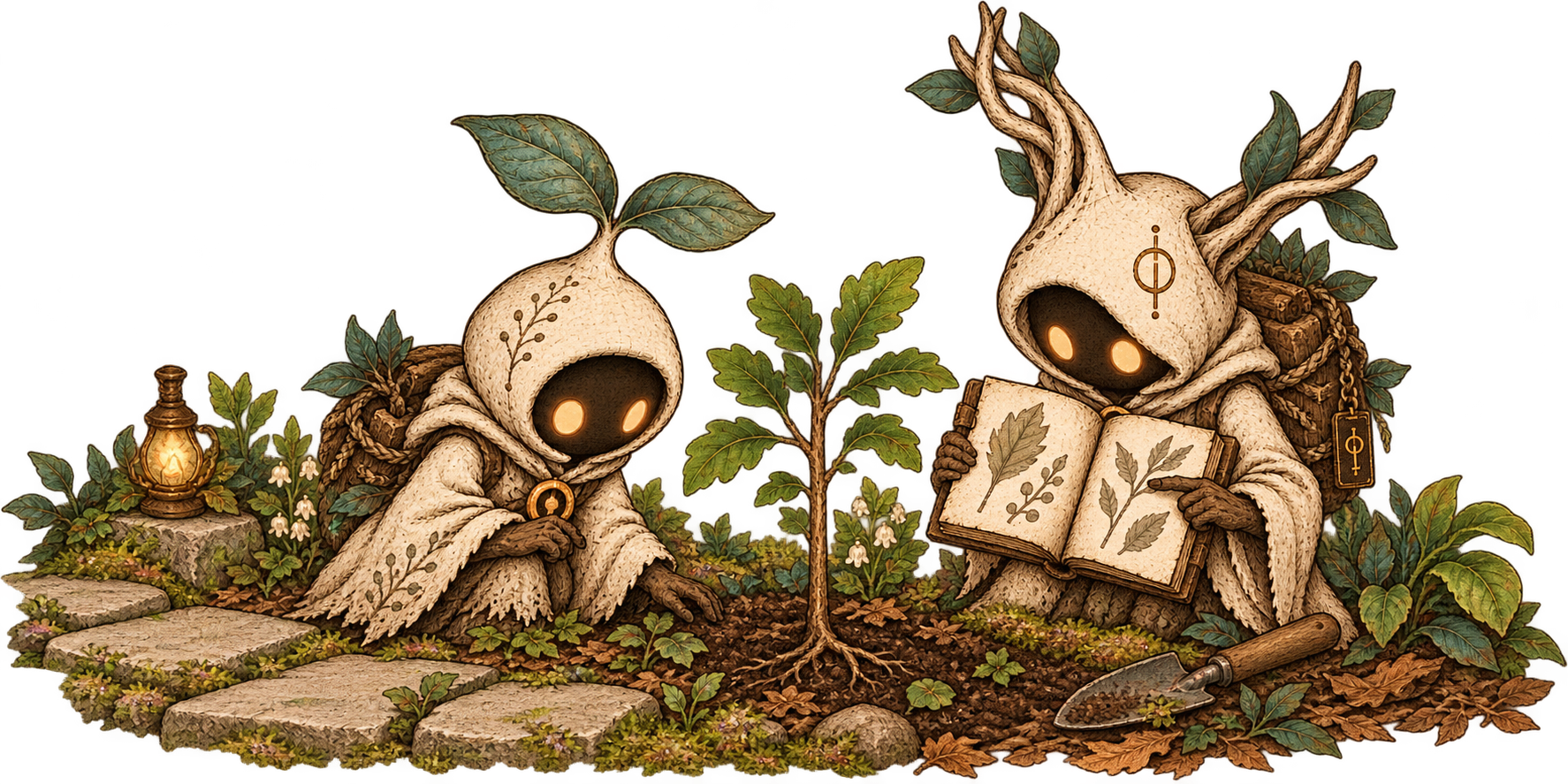 A sprout-hooded Keeper observes a sapling while an antler-hooded Keeper compares it with leaf sketches in a field notebook.