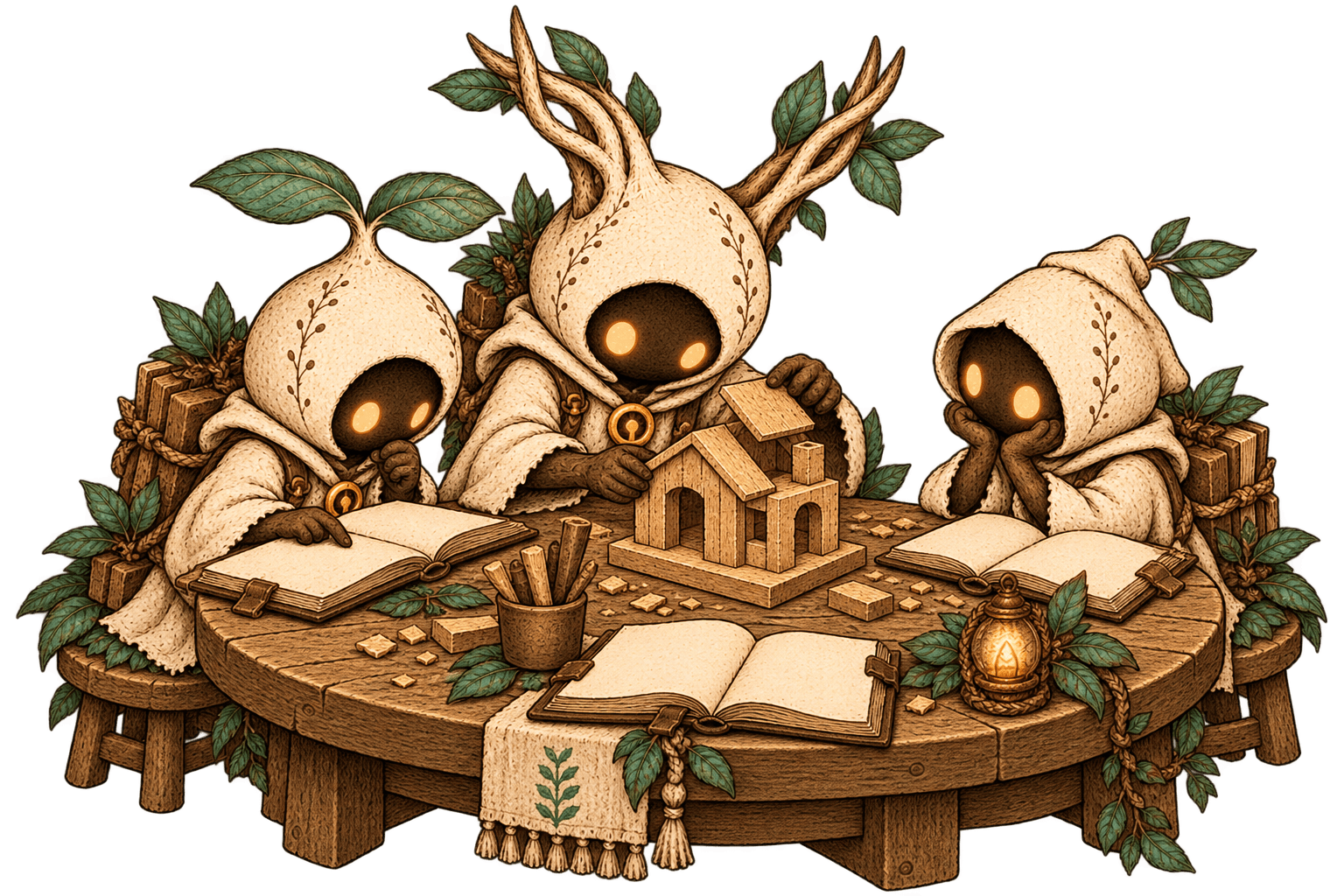 Three fictional Keepers gathered around open books and a wooden house model.