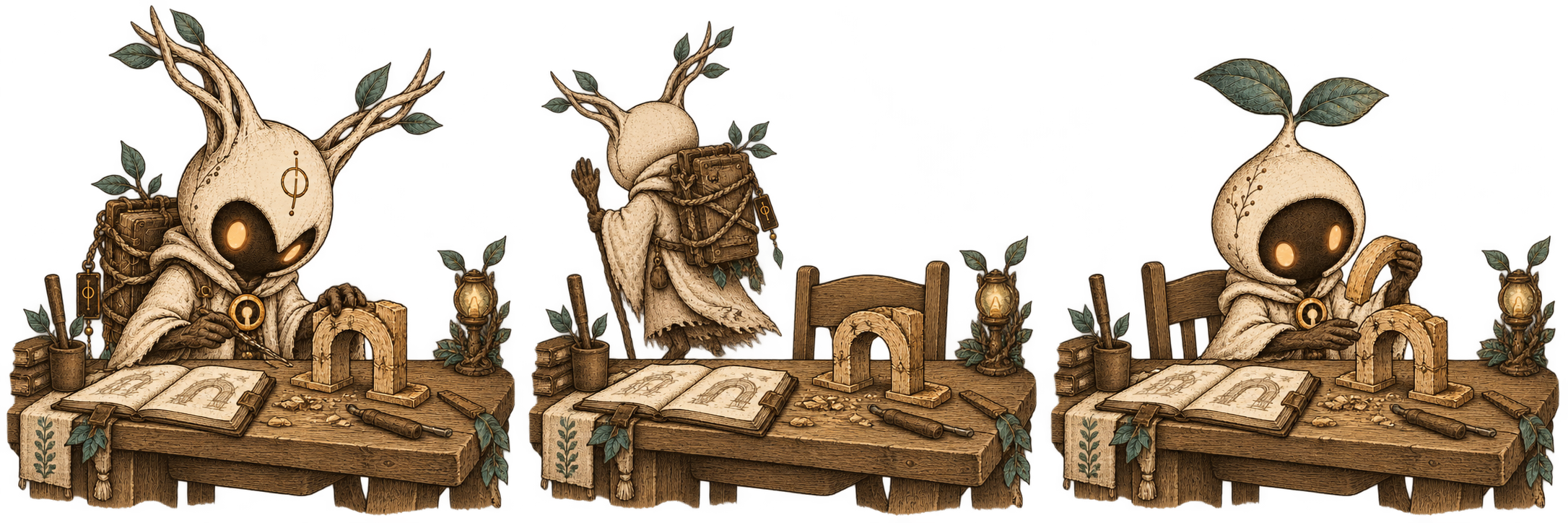 An antler-hooded Keeper works beside a notebook and wooden arch.