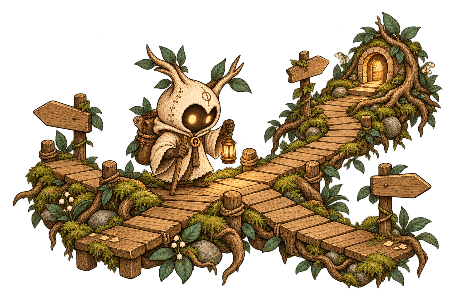 A fictional Keeper with a lantern at a fork in a wooden path leading toward a house.