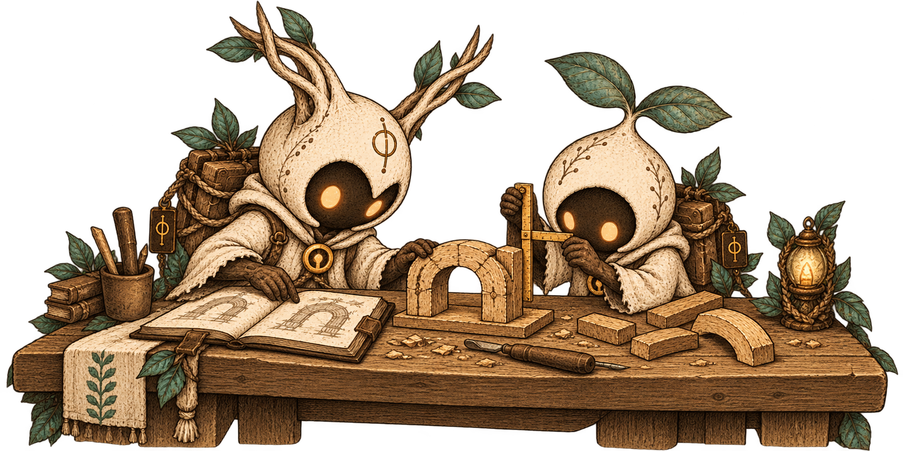 An antler-hooded Keeper shows a wooden arch and its drawing while a sprout-hooded Keeper examines the model with a measuring tool.