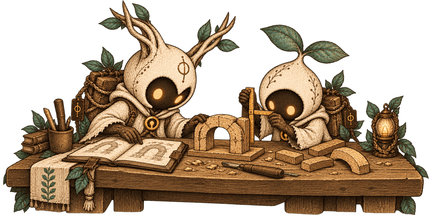 Two fictional Keepers comparing a wooden arch with a sketch and measuring its shape.