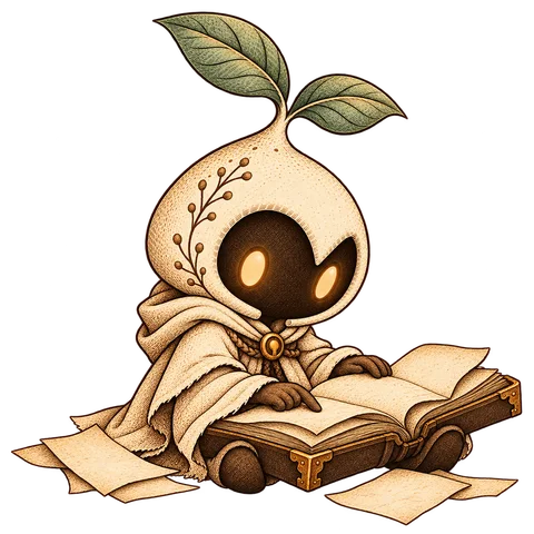 The sprout-hooded Keeper reads an open book, with loose pages beside it.